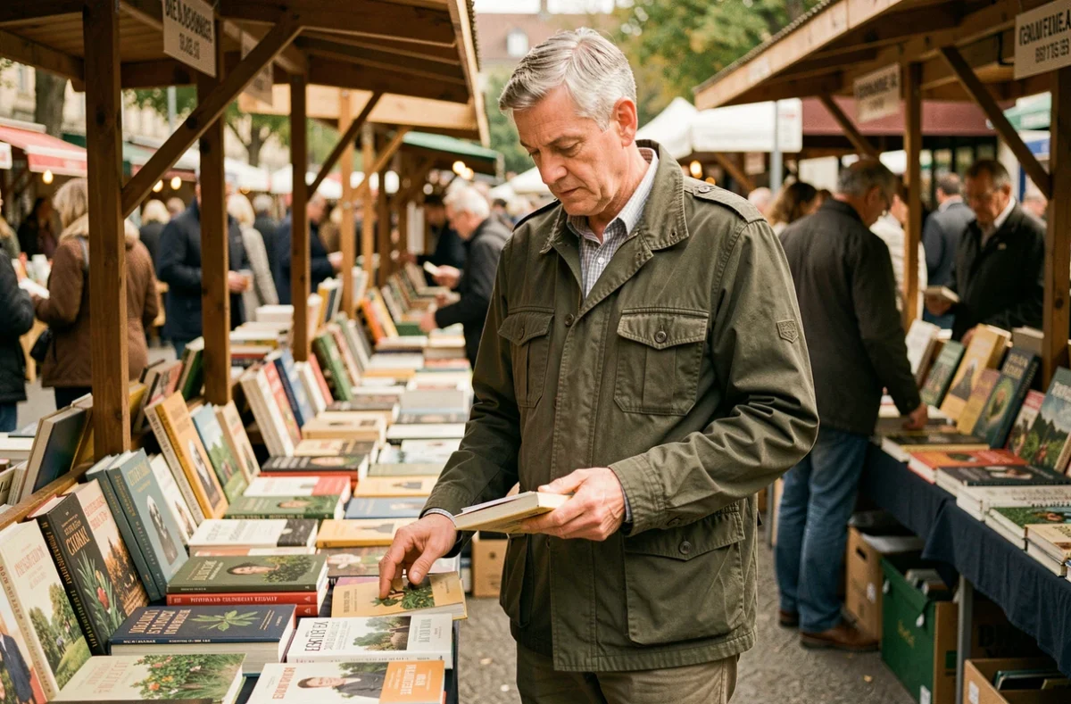 Homme parcourant des livres de jardinage sur un marché en plein air, illustrant la passion et la discrétion d'une personnalité publique