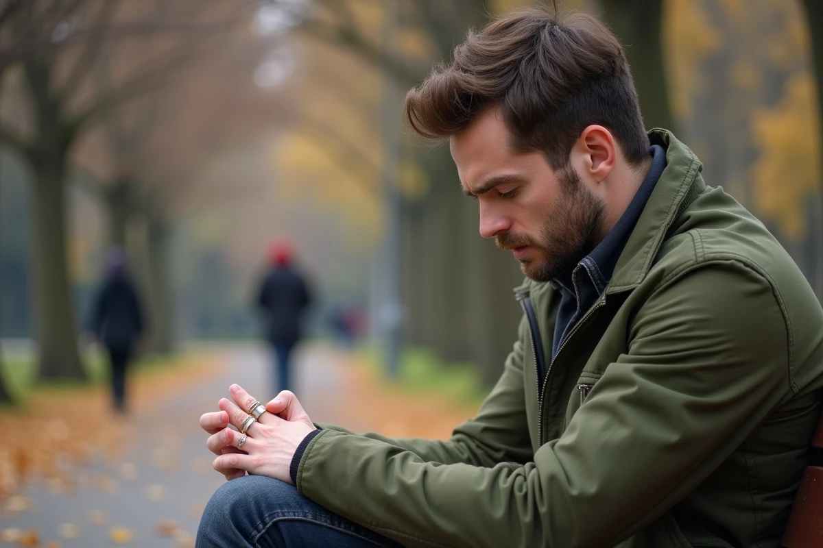 Homme marié seul sur un banc de parc regardant son alliance avec une expression tourmentée, symbolisant le doute et la tentation