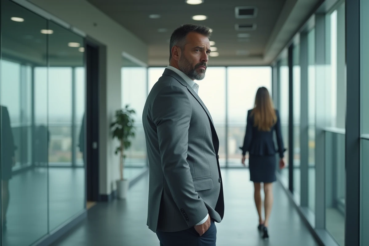Homme marié au bureau regardant furtivement une collègue, expression hésitante révélant une attirance émotionnelle difficile à gérer