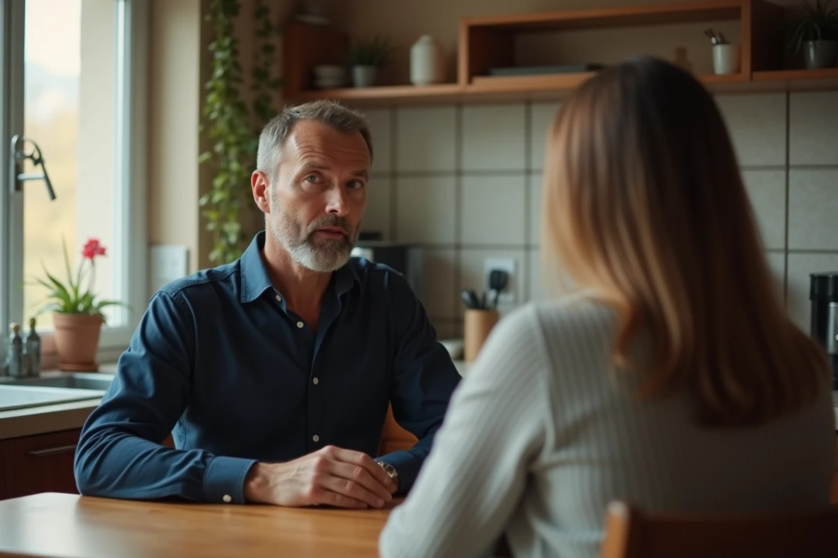 Homme marié distrait et pensif assis à table avec sa femme, regard absent vers la fenêtre, signe possible d'attirance ailleurs