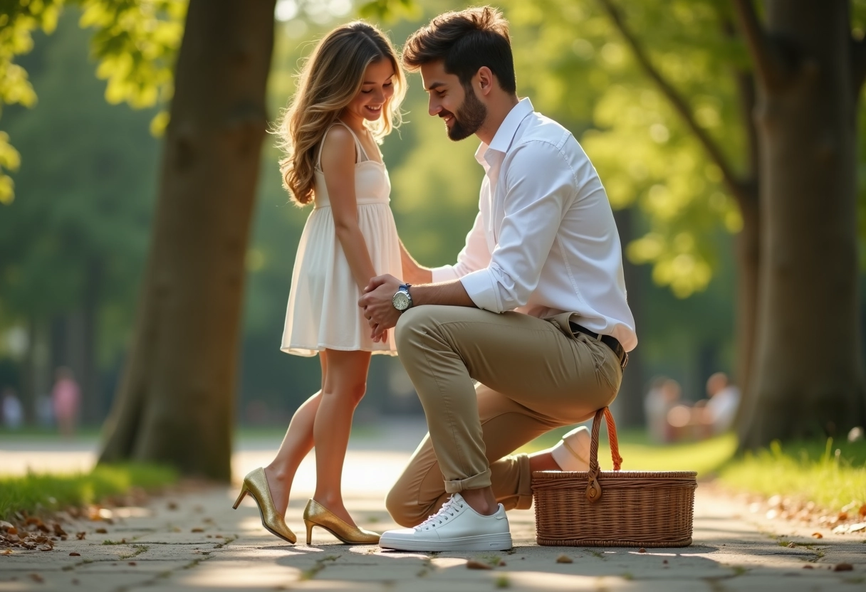Homme dans un parc avec chaussure de mariage dorée en main