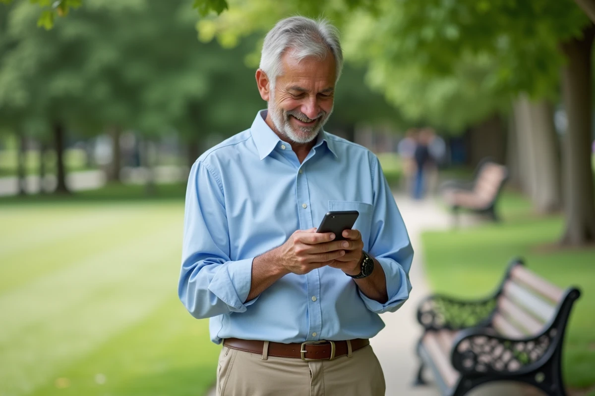 Homme d age moyen utilisant son smartphone dans un parc en plein air