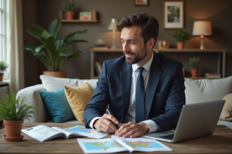 Homme en costume regardant un globe dans un salon cosy