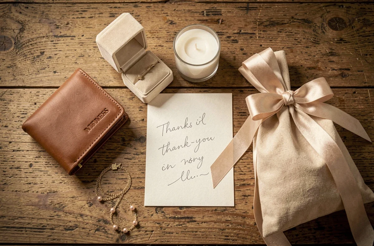 Cadeaux pour témoins de mariage disposés en flat lay avec idées personnalisées pour homme et femme