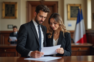 Jeune couple en mairie examine des documents officiels