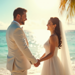 Jeune couple de mariés main dans la main sur une plage tropicale