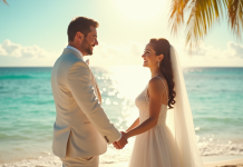 Jeune couple de mariés main dans la main sur une plage tropicale