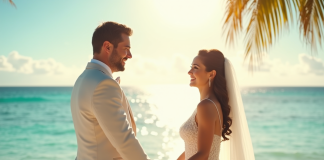 Jeune couple de mariés main dans la main sur une plage tropicale