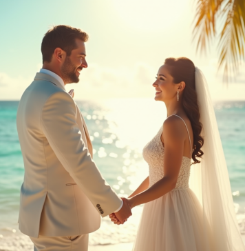 Jeune couple de mariés main dans la main sur une plage tropicale