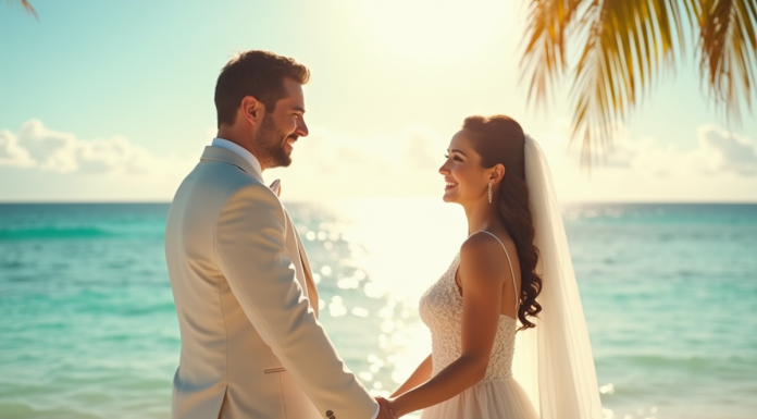 Jeune couple de mariés main dans la main sur une plage tropicale