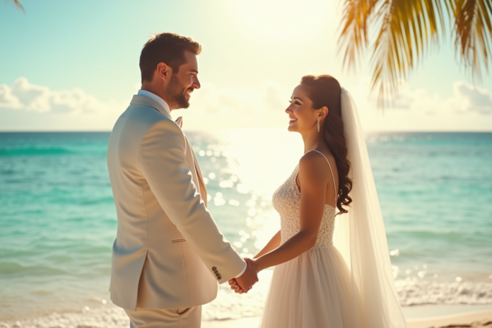 Jeune couple de mariés main dans la main sur une plage tropicale