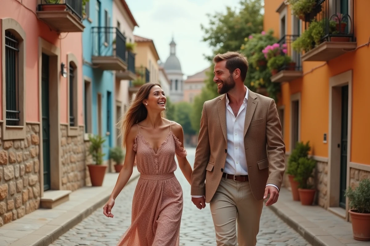 Jeune couple en voyage dans une rue méditerranéenne ensoleillée