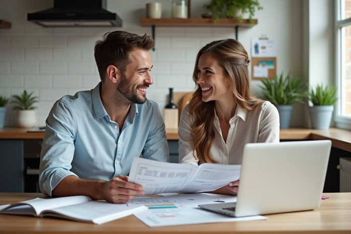 jeune-couple-organisation-mariage Jeune couple souriant planifiant leur mariage à la maison