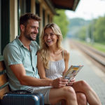 Coût nœud fonds lune miel : Économisez sur votre budget voyage ! Jeune couple souriant à la gare pour leur lune de miel