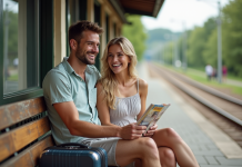 Coût nœud fonds lune miel : Économisez sur votre budget voyage ! Jeune couple souriant à la gare pour leur lune de miel