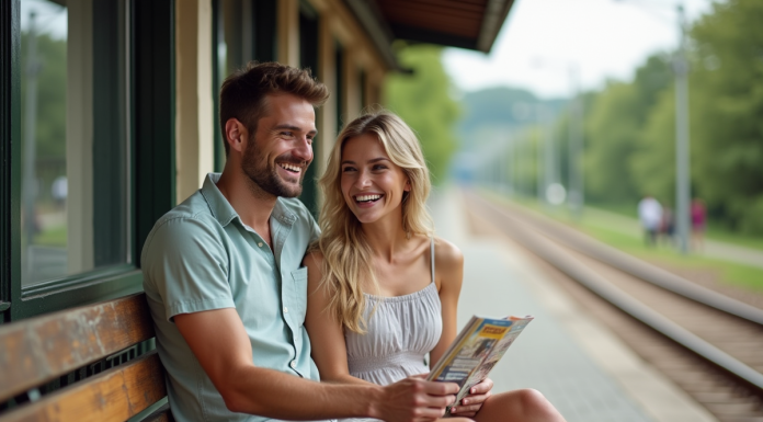 Jeune couple souriant à la gare pour leur lune de miel