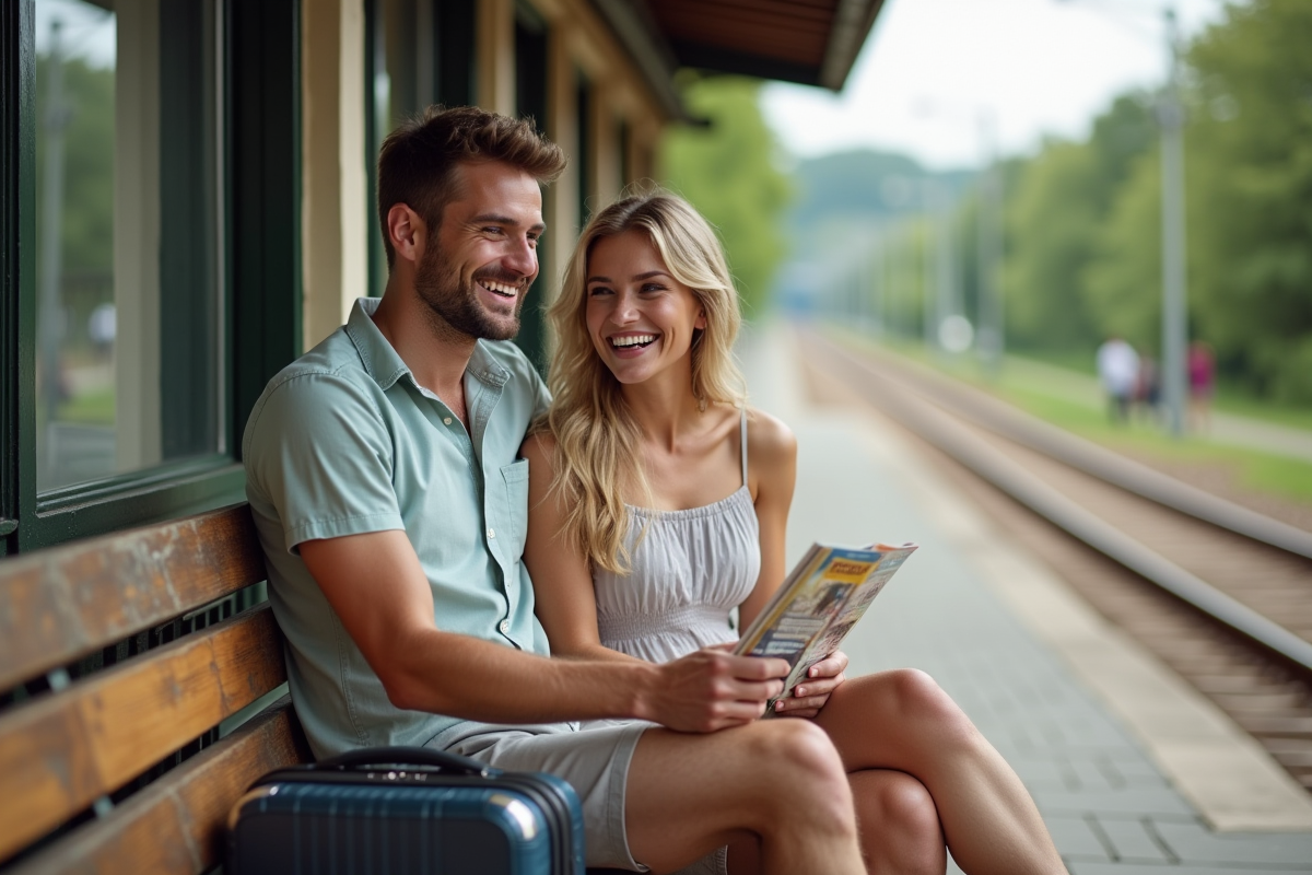 Jeune couple souriant à la gare pour leur lune de miel