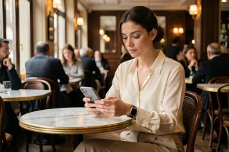 Jeune femme élégante dans un café parisien consultant son téléphone, illustrant les rumeurs de mariage autour de Pauline Sanzey