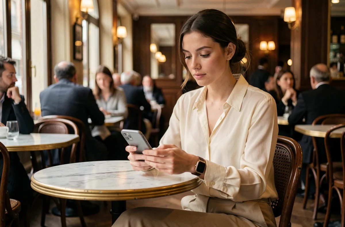 Jeune femme élégante dans un café parisien consultant son téléphone, illustrant les rumeurs de mariage autour de Pauline Sanzey