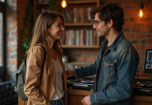 Jeune femme en blazer parle avec un DJ en lounge urbain