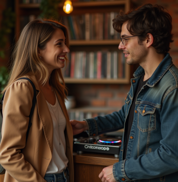 Conseils pour échanger avec un DJ : les astuces à connaître Jeune femme en blazer parle avec un DJ en lounge urbain