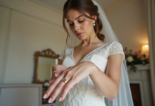 Jeune mariée en lace glissant ses bagues d'or