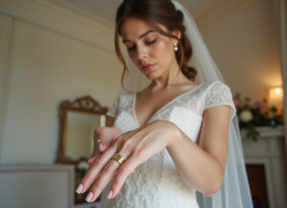 Jeune mariée en lace glissant ses bagues d'or
