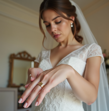 Jeune mariée en lace glissant ses bagues d'or