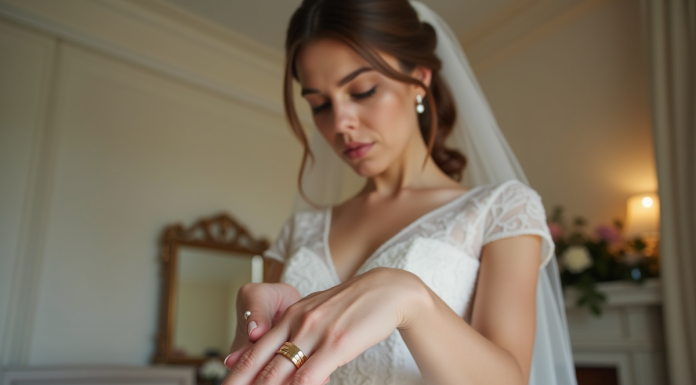 Jeune mariée en lace glissant ses bagues d'or