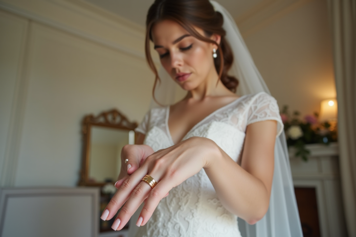 Jeune mariée en lace glissant ses bagues d'or