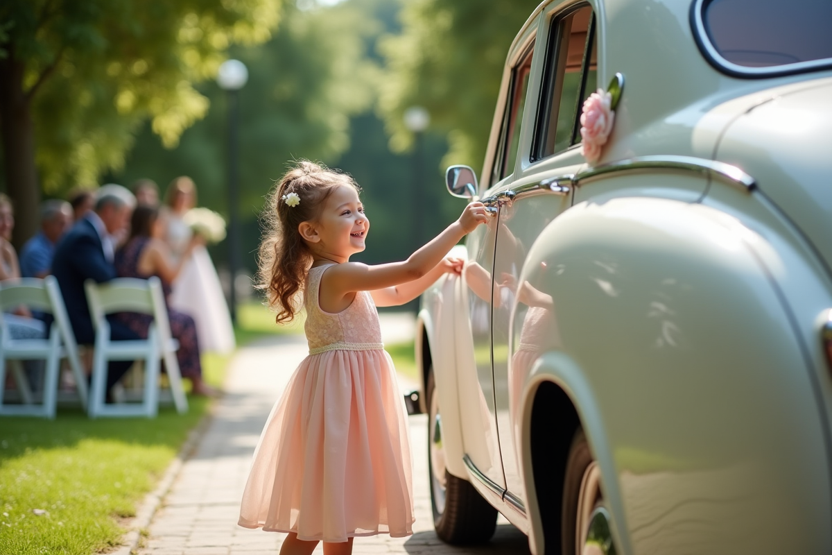 Jeune fille en robe pastel ouvrant la voiture de mariage