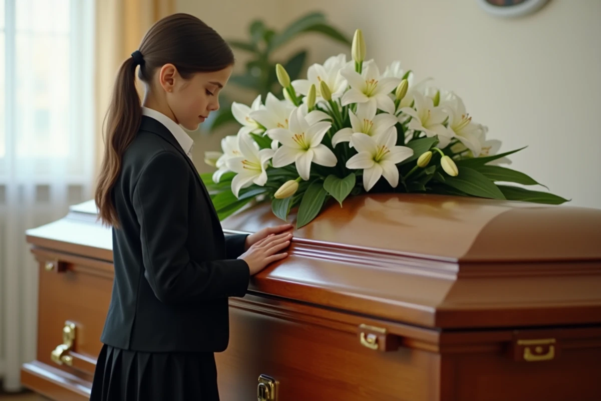Jeune fille regardant un cercueil dans une salle funéraire