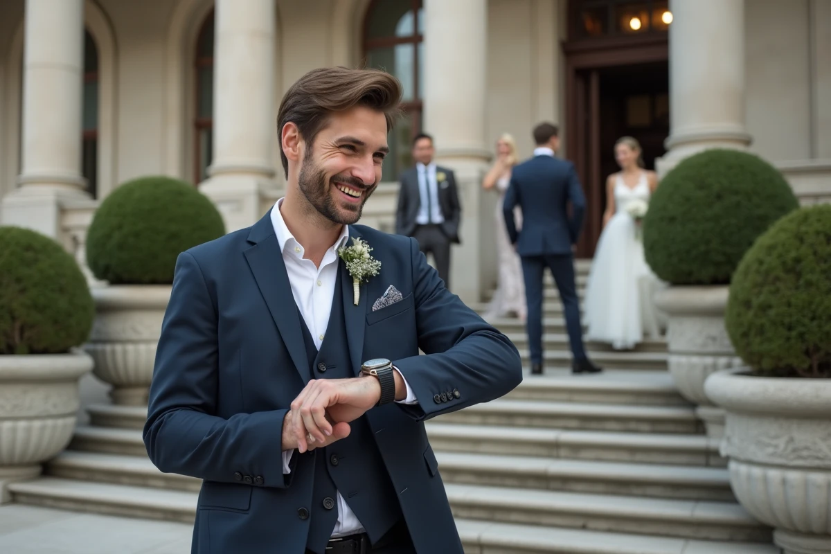 Jeune homme en costume navy ajustant sa montre en extérieur