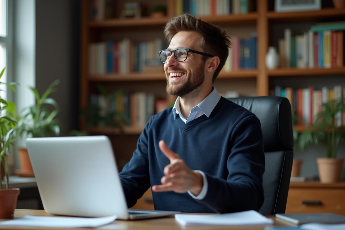 Jeune homme en home office r&eacute;p&eacute;tant un discours humoristique