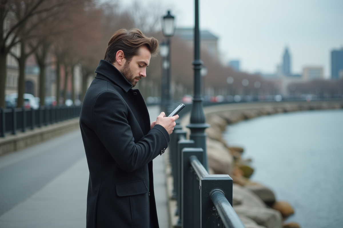 Jeune homme regardant son smartphone au bord de la rivière