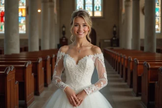 Jeune mariée en robe princesse dans une église historique