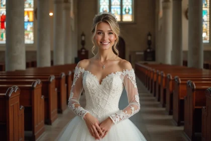 Jeune mariée en robe princesse dans une église historique