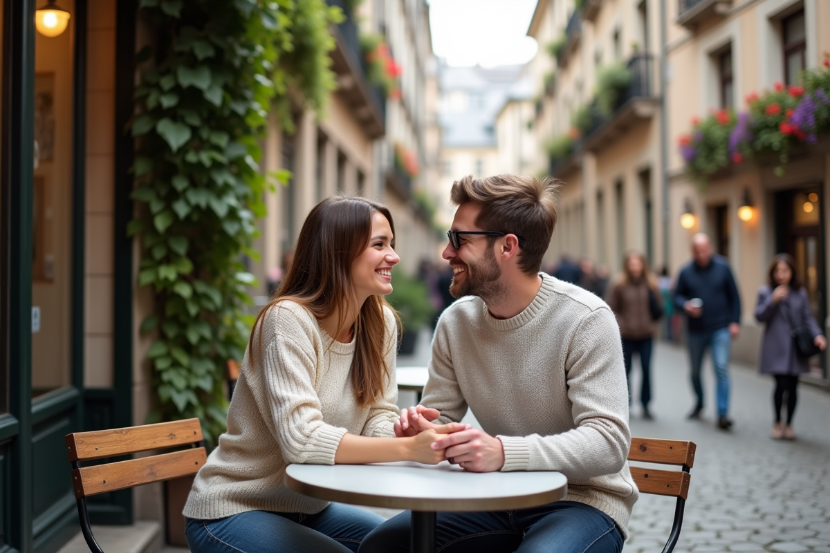 Jeunes mariés souriants dans un café en ville historique