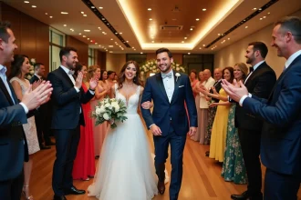 Jeunes mari&eacute;s et amis dansant lors de la r&eacute;ception de mariage