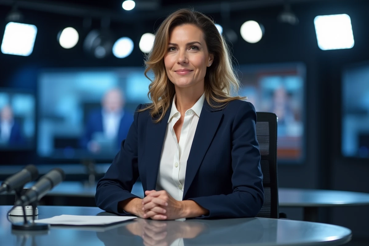 Femme journaliste professionnelle assise à un bureau de plateau TV, regard assuré, style éditorial