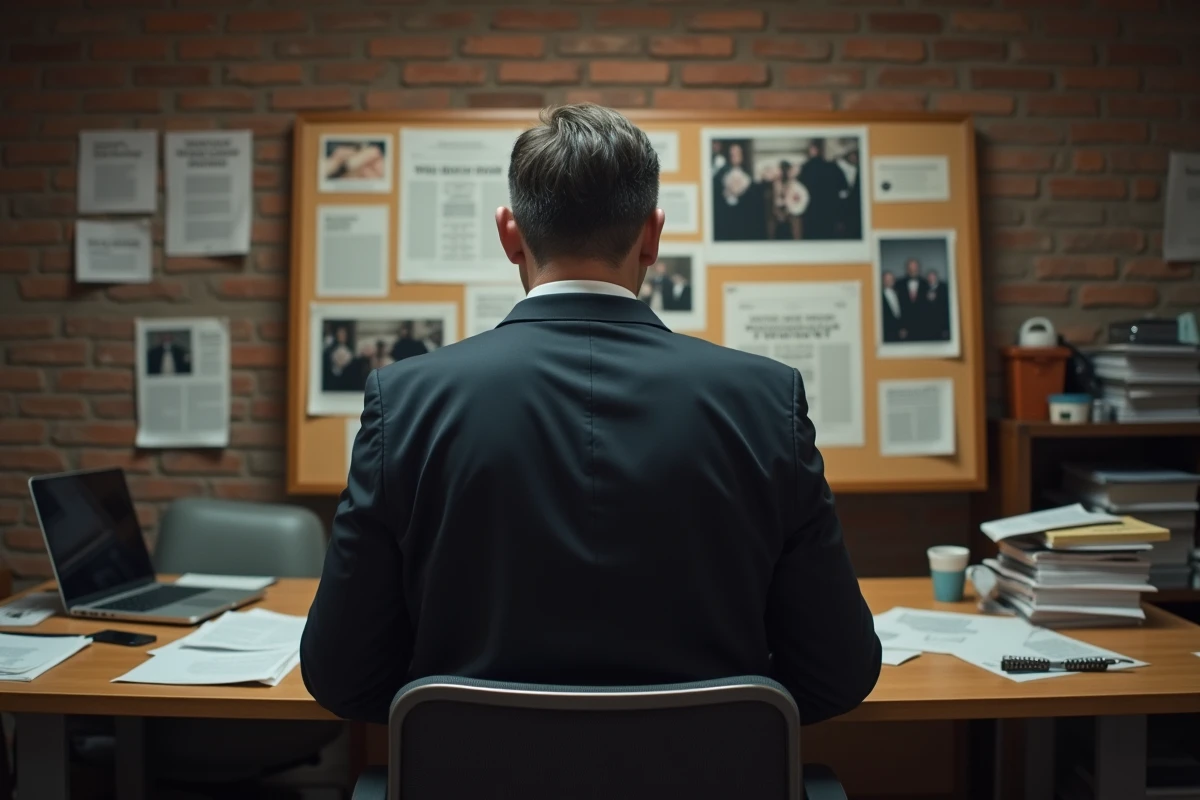 Journaliste étudiant un tableau de coupures de presse