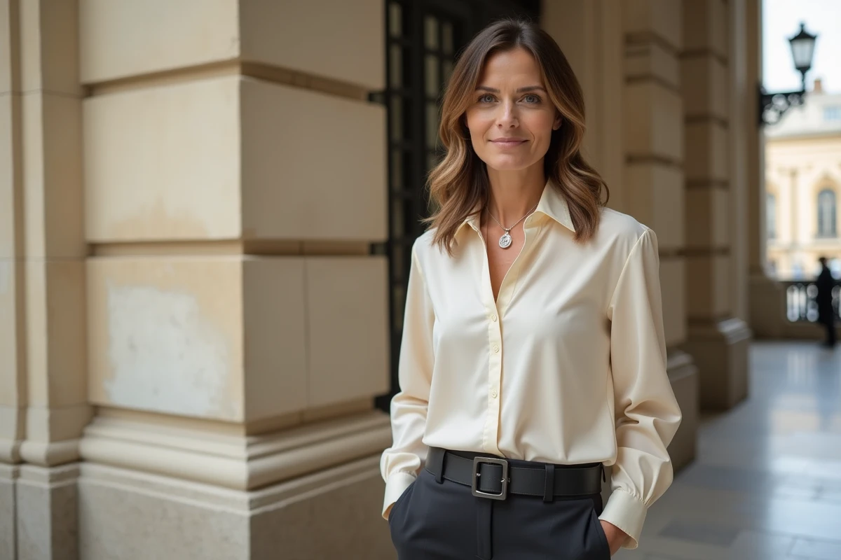 Femme journaliste politique devant une architecture institutionnelle française, badge presse visible