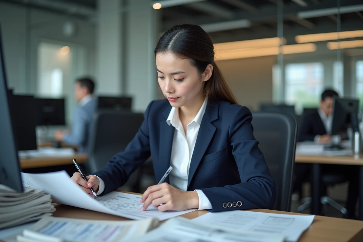 Journaliste féminine dans une salle de rédaction moderne analysant des documents, symbolisant la vérification des faits et les mises au point sur des rumeurs concernant une personnalité