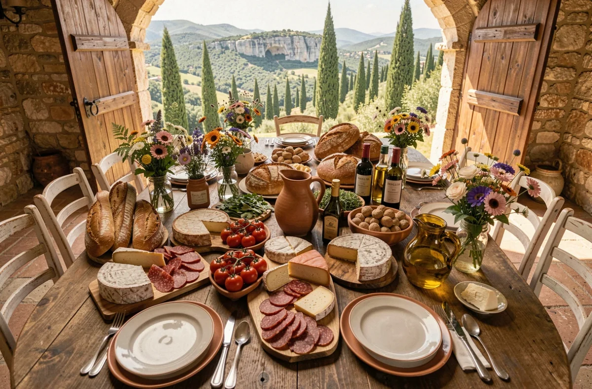 Table de mariage champêtre garnie de produits du terroir provençal — fromages, charcuterie, pains artisanaux et vins locaux — dans une ferme des collines niçoises