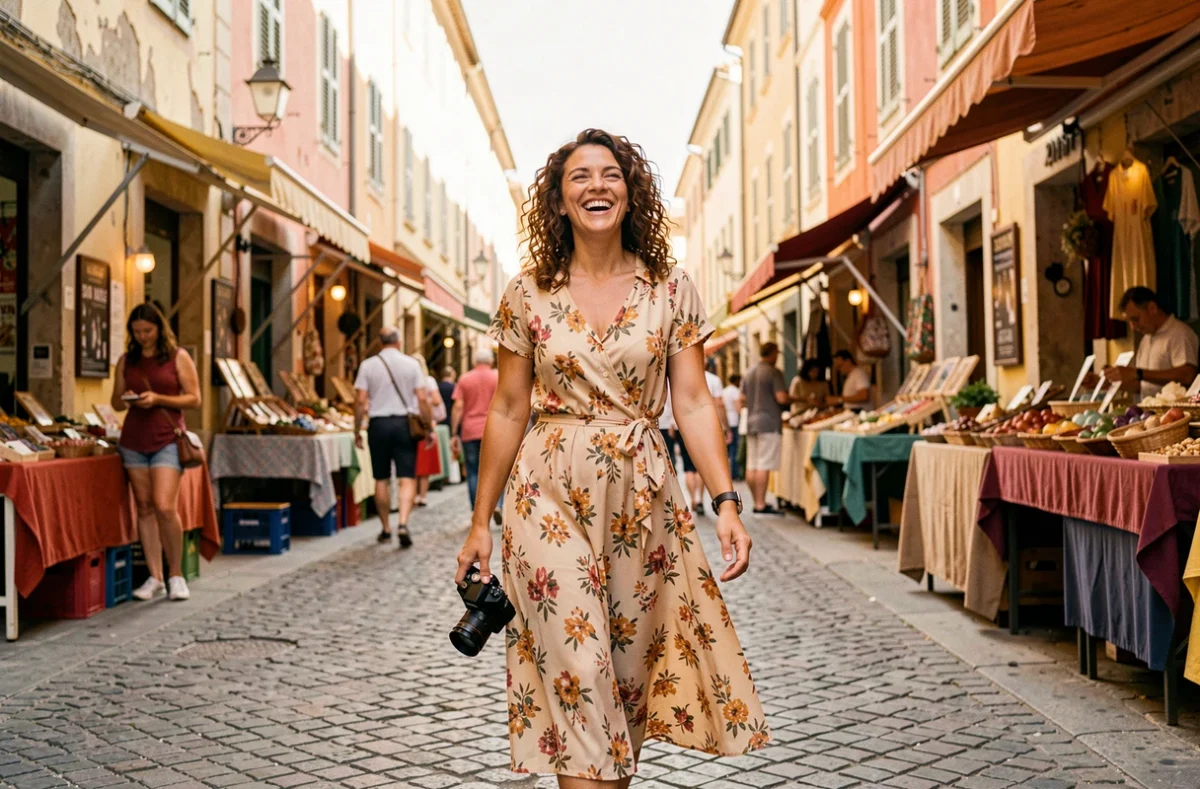 Photographe auteure Lilie Milo se promenant dans un marché marseillais avec un appareil photo argentique à la main