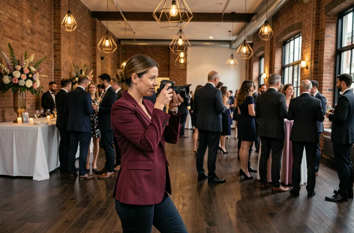 Luiza Hakobyan photographiant des invités lors d'une réception de mariage élégante dans un loft industriel à Marseille