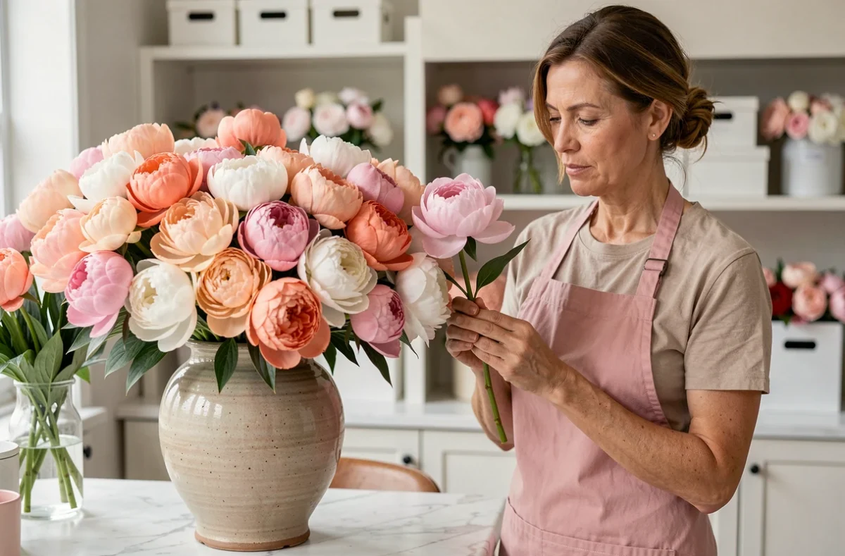 Mademoiselle Pivoines - fleuriste examinant une pivoine fraîche parmi un vase de pivoines en bloom dans un studio bordelais