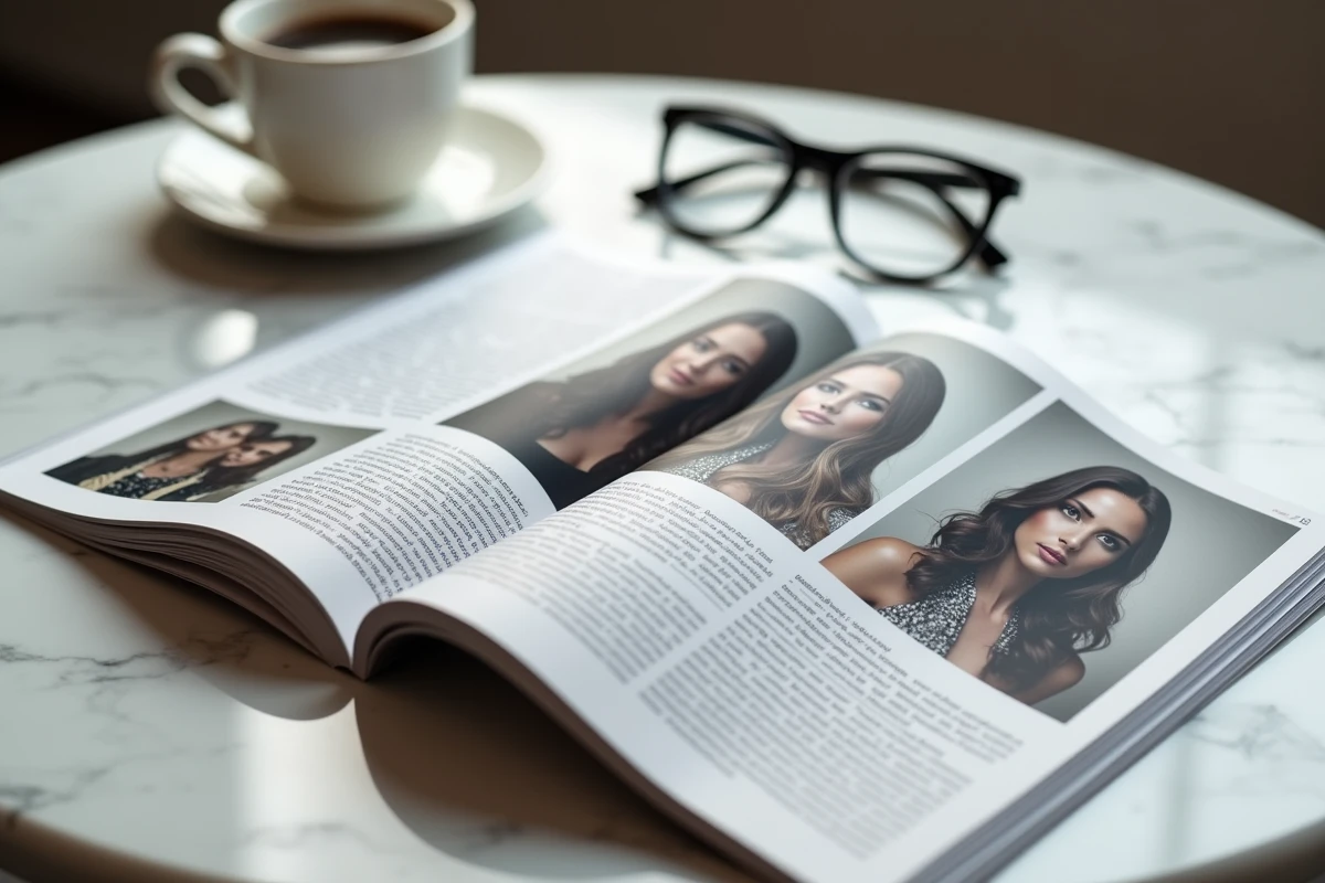 Magazine ouvert sur une table en marbre pr&eacute;sentant une interview sur le couple et la vie amoureuse d'une artiste lyrique