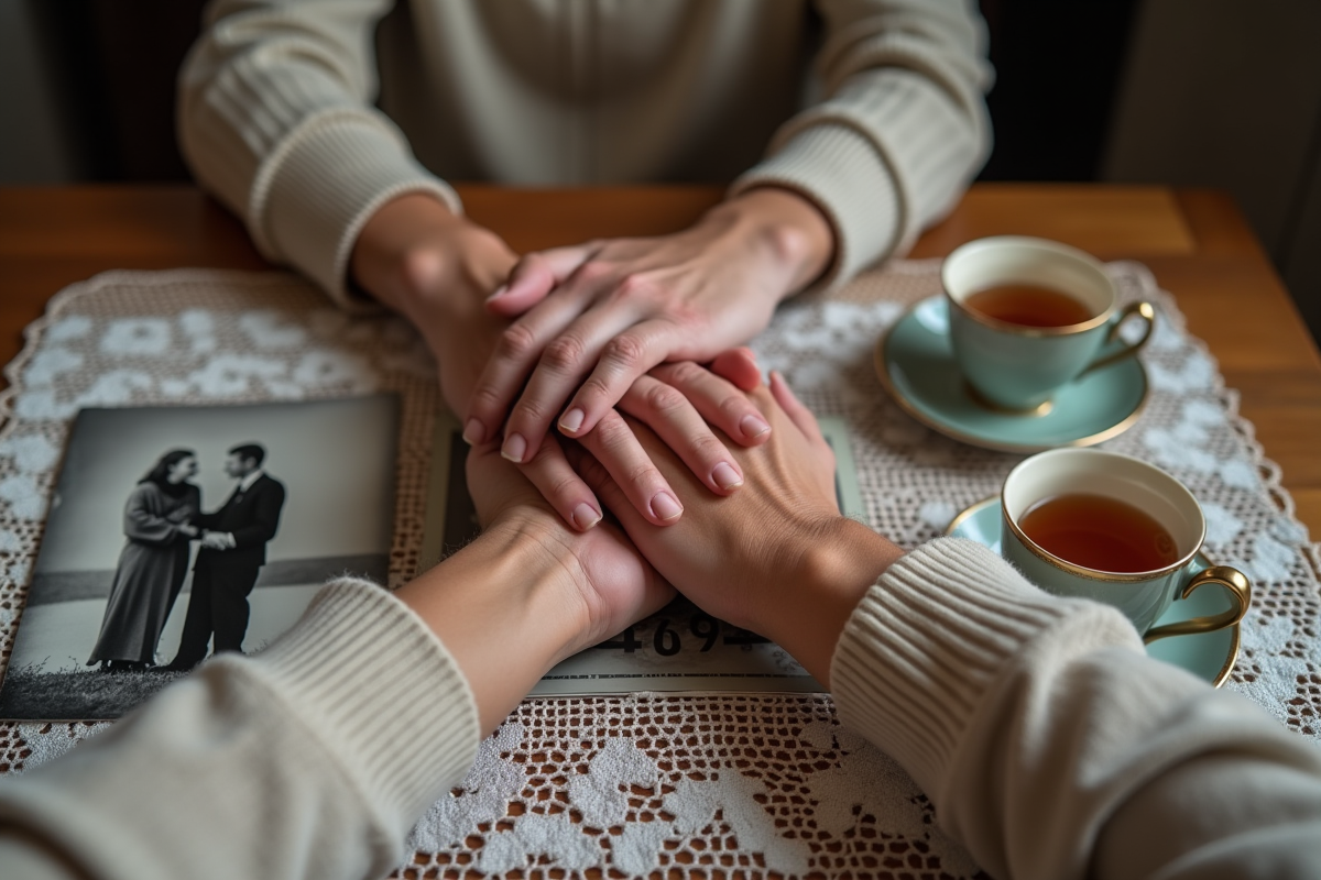Mains usées entrelacées avec photos de mariage anciennes