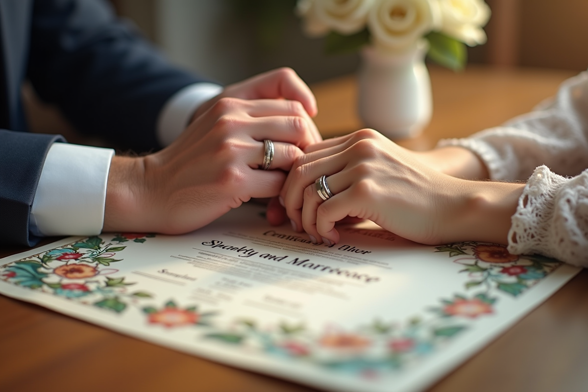 Mains entrelacees avec anneaux de mariage sur certificat